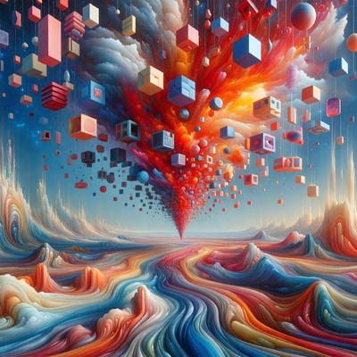 The primary subject of the image is a colorful, abstract painting featuring a variety of shapes and colors. The setting is a blue sky, and the visual style is a mix of digital art and illustration. The dominant colors in the painting are red, blue, and orange, creating a vibrant and lively atmosphere. The painting is displayed on a wall, adding to the overall visual appeal.